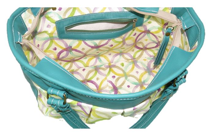 Teal Green Leather and Fabric Weekender Tote interior zipper