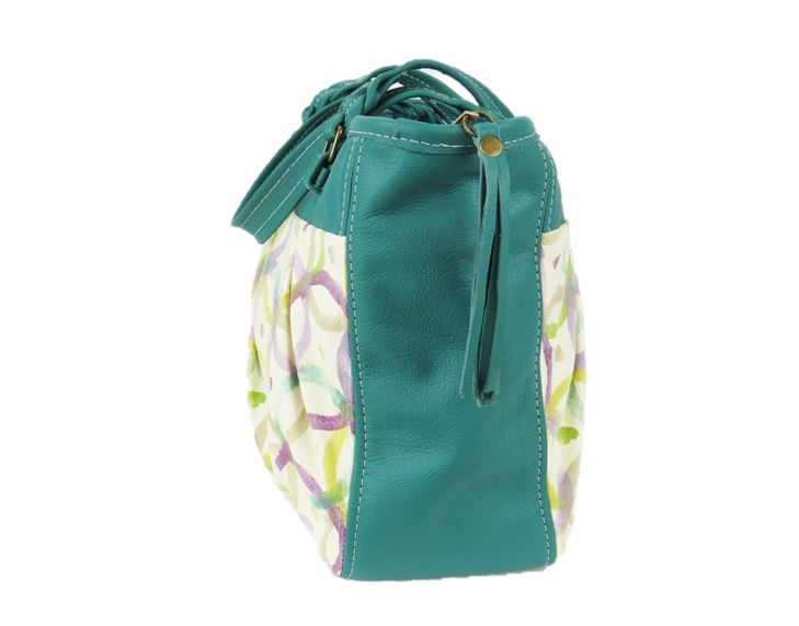 Teal Green Leather and Fabric Weekender Tote side view