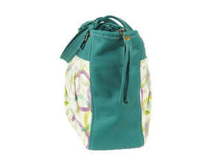 Teal Green Leather and Fabric Weekender Tote side view