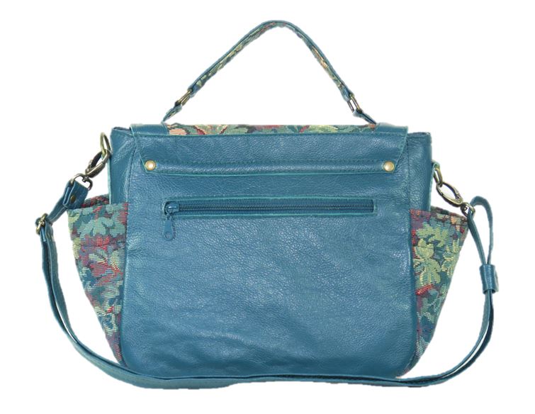 Top Handle Teal Leather Flap Bag back view