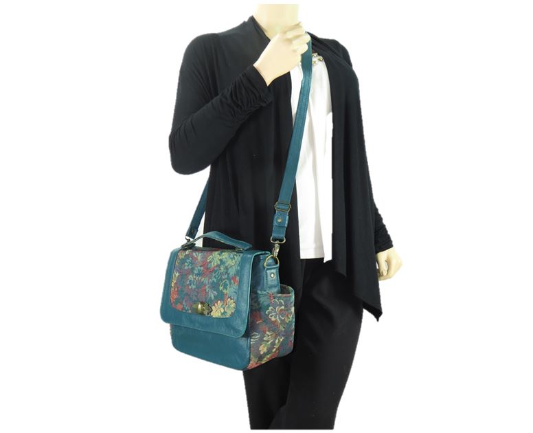 Top Handle Teal Leather Flap Bag cross body view