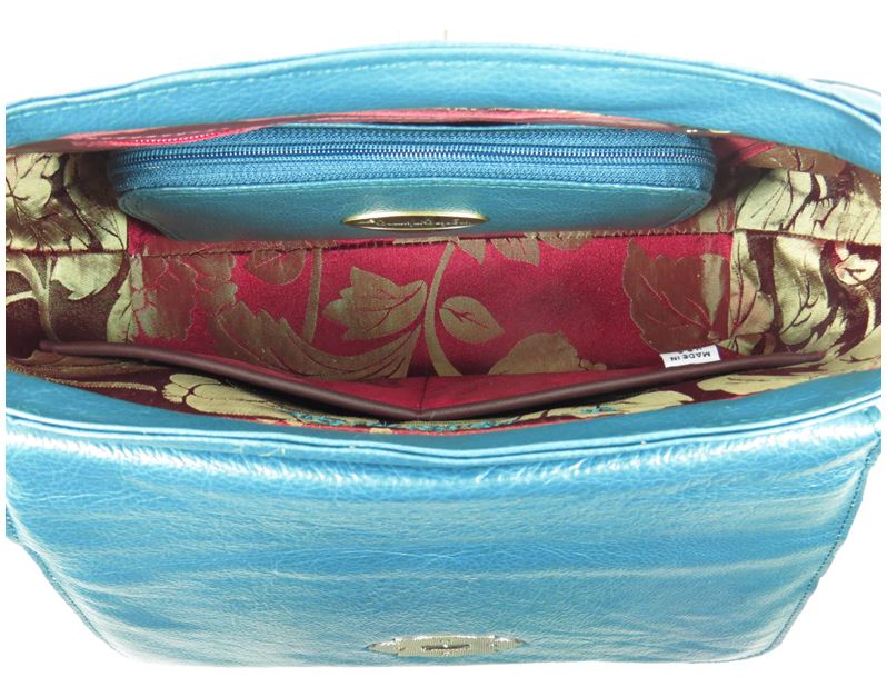 Top Handle Teal Leather Flap Bag interior view with wallet