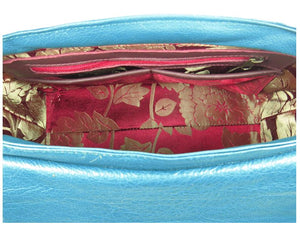 Top Handle Teal Leather Flap Bag interior zipper pocket