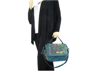 Top Handle Teal Leather Flap Bag