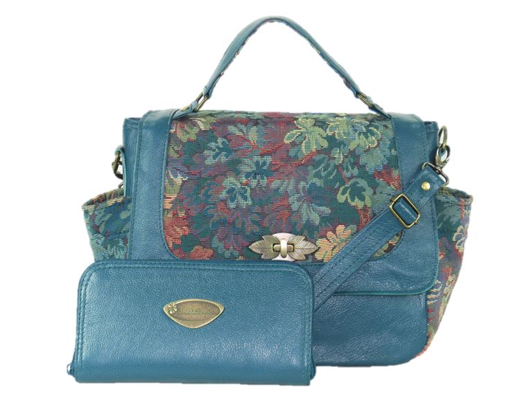 Top Handle Teal Leather Flap Bag with matching wallet