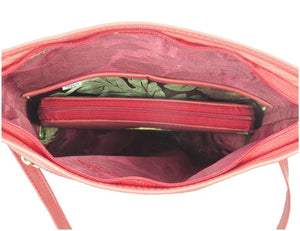 Triple Zip Red Leather Cross Body Bag interior view with wallet