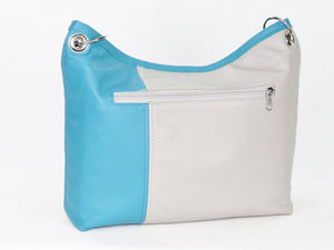 Turquoise Gray Slouchy Hobo Leather Bag exterior zipper pocket