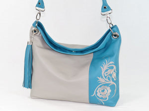 Turquoise Gray Slouchy Hobo Leather Bag close view