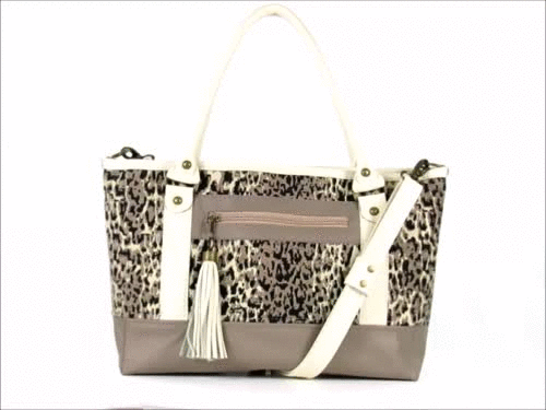 Two Tone Leather and Cheetah Chenille Tapestry Zipper Tote