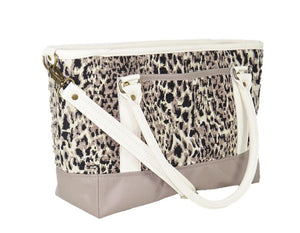 Two Tone Leather and Cheetah Chenille Tapestry Zipper Tote back view
