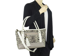 Two Tone Leather and Cheetah Chenille Tapestry Zipper Tote model view