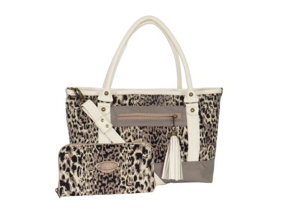 Two Tone Leather and Cheetah Zipper Tote with companion wallet
