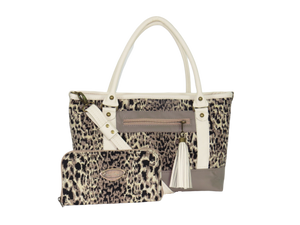 Two Tone Leather and Cheetah Zipper Tote with companion wallet