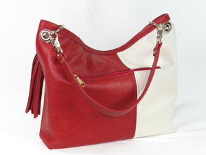 Valentine Hearts Red and White Slouchy Hobo Leather Bag backside zipper pocket