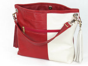 Valentine Hearts Red and White Slouchy Hobo Leather Bag open view