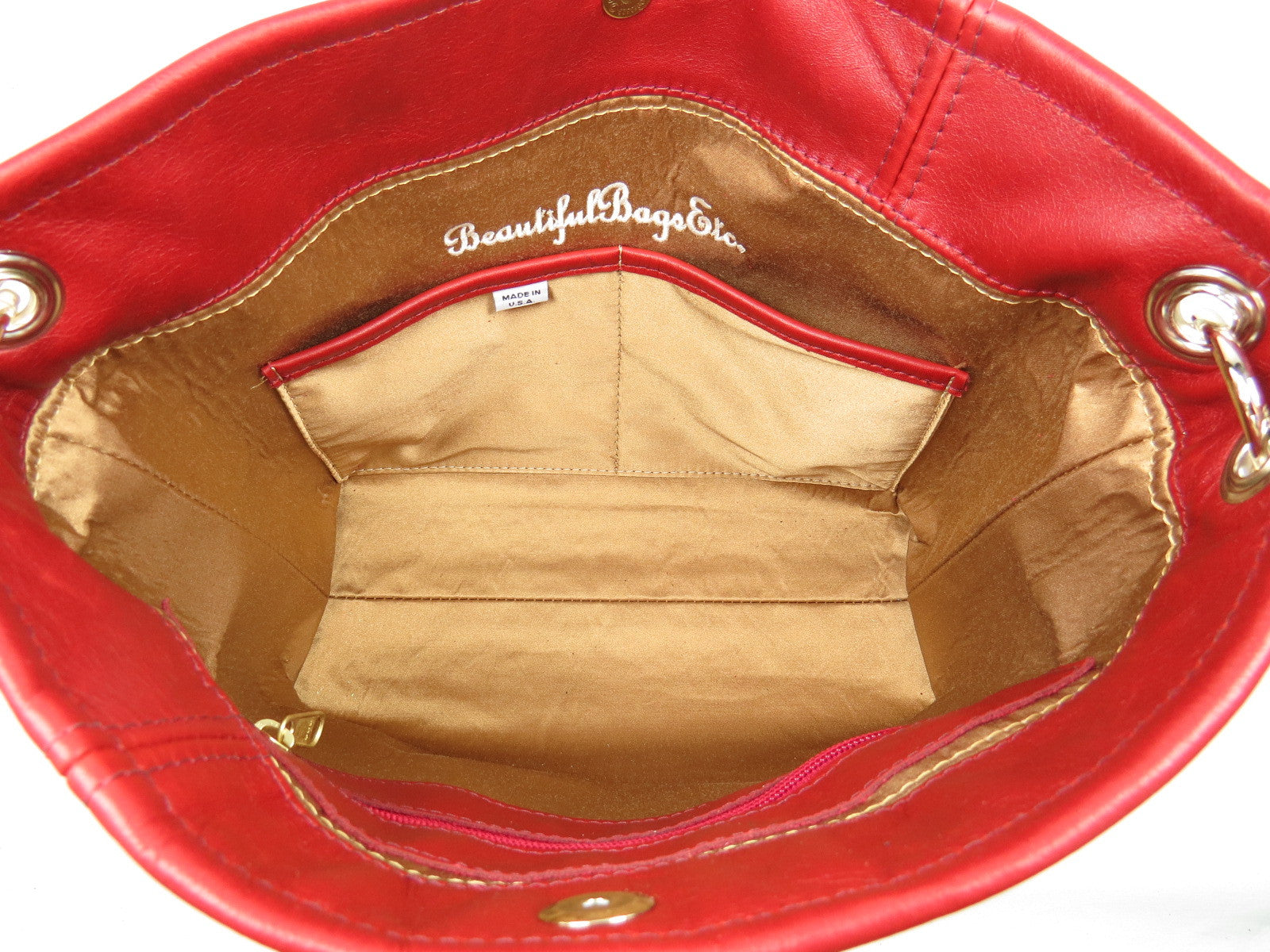 Valentine Hearts Red and White Slouchy Hobo Leather Bag interior dual pockets