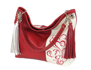 Valentine Hearts Red and White Slouchy Hobo Leather Bag handle