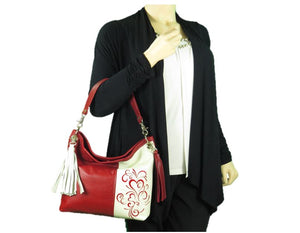 Valentine Hearts Red and White Slouchy Hobo Leather Bag model view