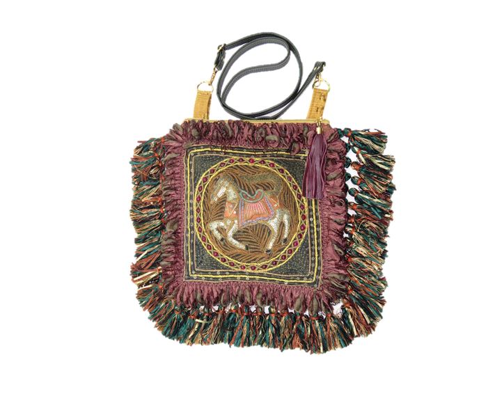 Vishnu Horse Kalaga Embroidery Gypsy Fringe Bag