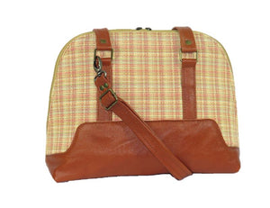 Whiskey Brown Leather Yellow Tweed Bowler Bag opposite side view
