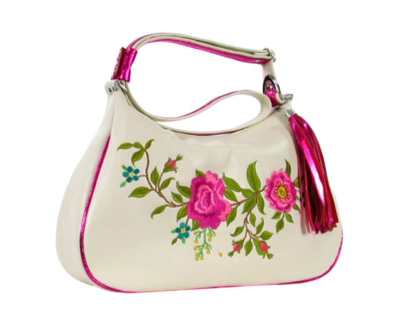 White Leather Pink Floral Embroidered Classic Hobo Bag