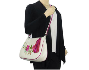 White Leather Pink Floral Embroidered Classic Hobo Bag model view
