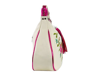 White Leather Pink Floral Embroidered Classic Hobo Bag side view