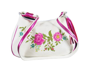 White Leather Pink Floral Embroidered Classic Hobo Bag view 2