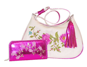 White Leather Pink Floral Embroidered Classic Hobo Bag with companion wallet