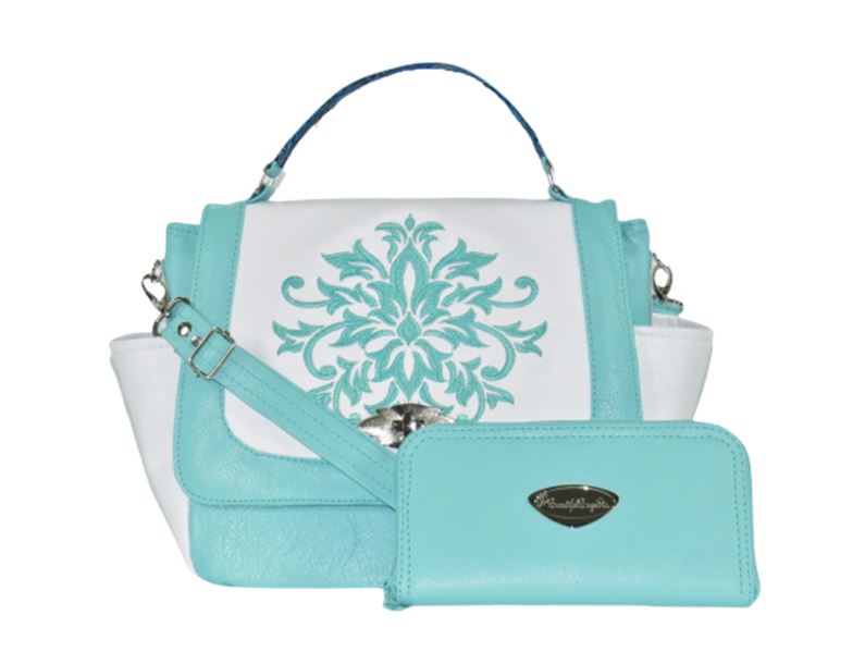 White and Mint Green Leather Top Handle Flap Bag with wallet