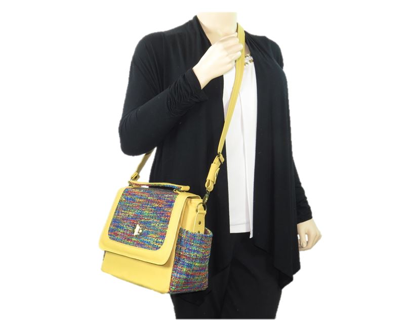 Yellow Leather and Rainbow Woven Flap Bag crossbody view
