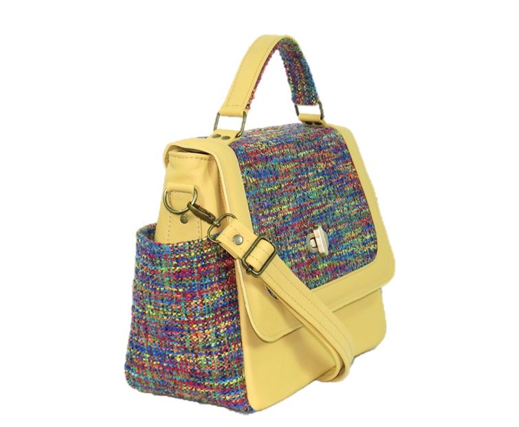 Yellow Leather and Rainbow Woven Flap Bag side view