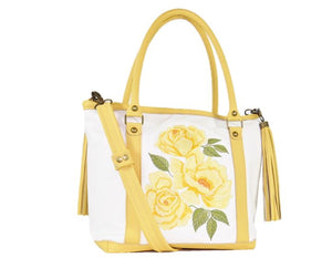 Yellow Roses White Leather Tote