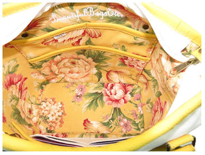 Yellow Roses White Leather Tote Interior Pockets