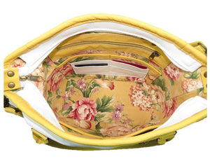 Yellow Roses White Leather Tote floral print lining with pockets