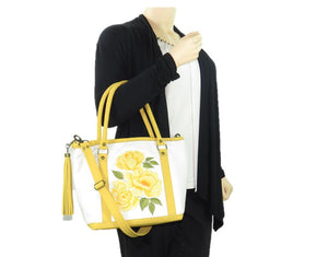 Yellow Roses White Leather Tote model