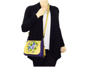 Yellow and Purple Pansy Bouquet Cross Body model view