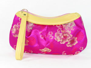 Zipper Clutch Asian Pink Floral with Yellow Lambskin Leather