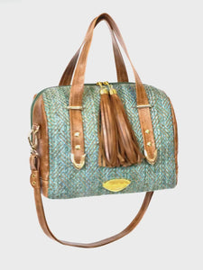 Danielle Barrel Bag Teal Tweed and Caramel Leather 3D view