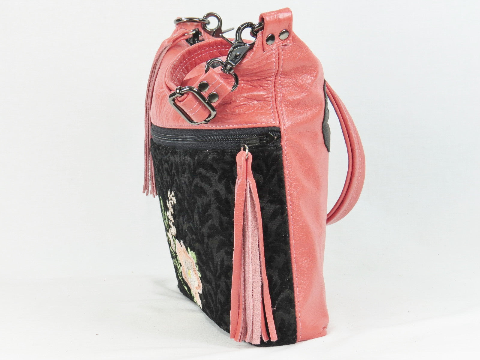 Black and Coral Leather Cross Body Bag Asian Floral Embroidery side view with tassel