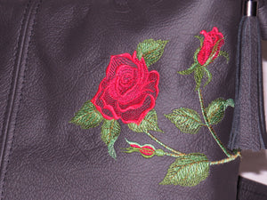 black leather embroidered rose bag
