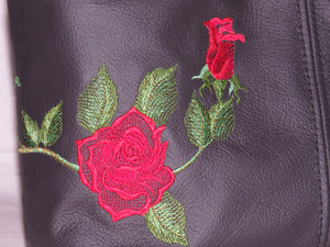 embroidered rose black lether handbag